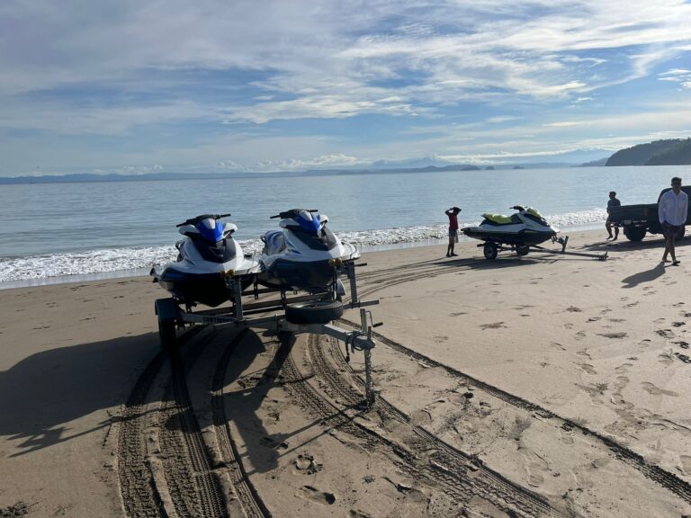 Jet skis ready on the sand for a tour in Guanacaste