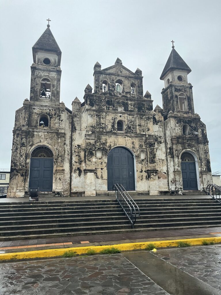 Colonial façade of the Granada Cathedral on Parque Central, Nicaragua