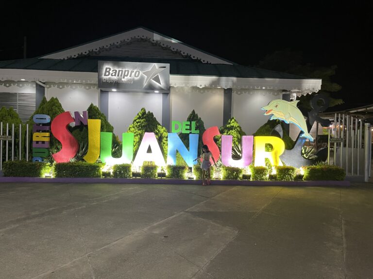 Illuminated city sign at night in Granada, Nicaragua